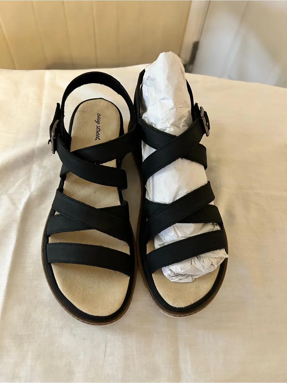 NWOT Easy Street Madeline Black Wedge Platform Sandals/Size 10 WW(Extra Wide)